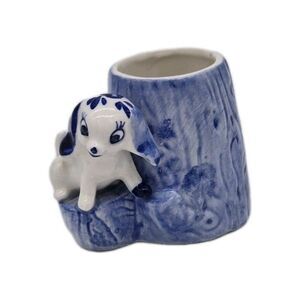 Vintage Delft Blue White Porcelain Puppy Dog Figure Toothpick Holder Handpainted